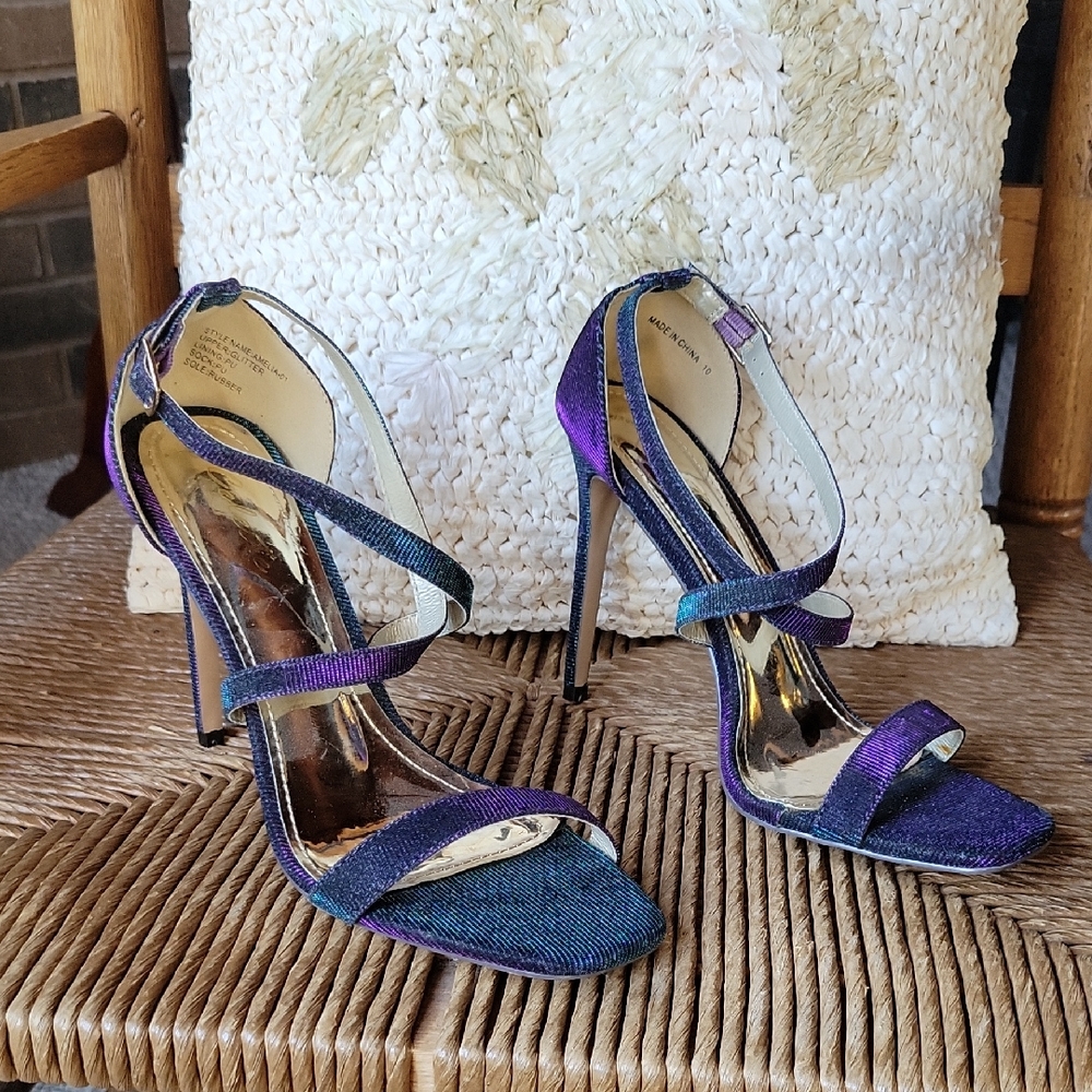Celeste Amelia, mermaid glitter, strappy stiletto heels, size 10